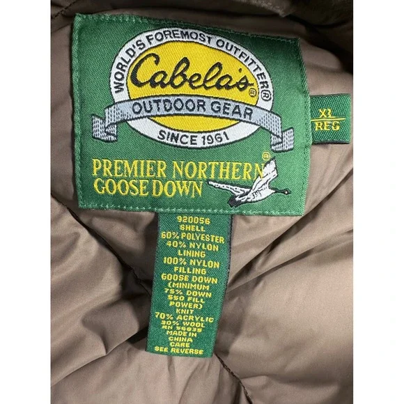 Vtg Cabelas Premier Northern Goose Down Quilted Bomber Jacket Brown Mens XL Reg